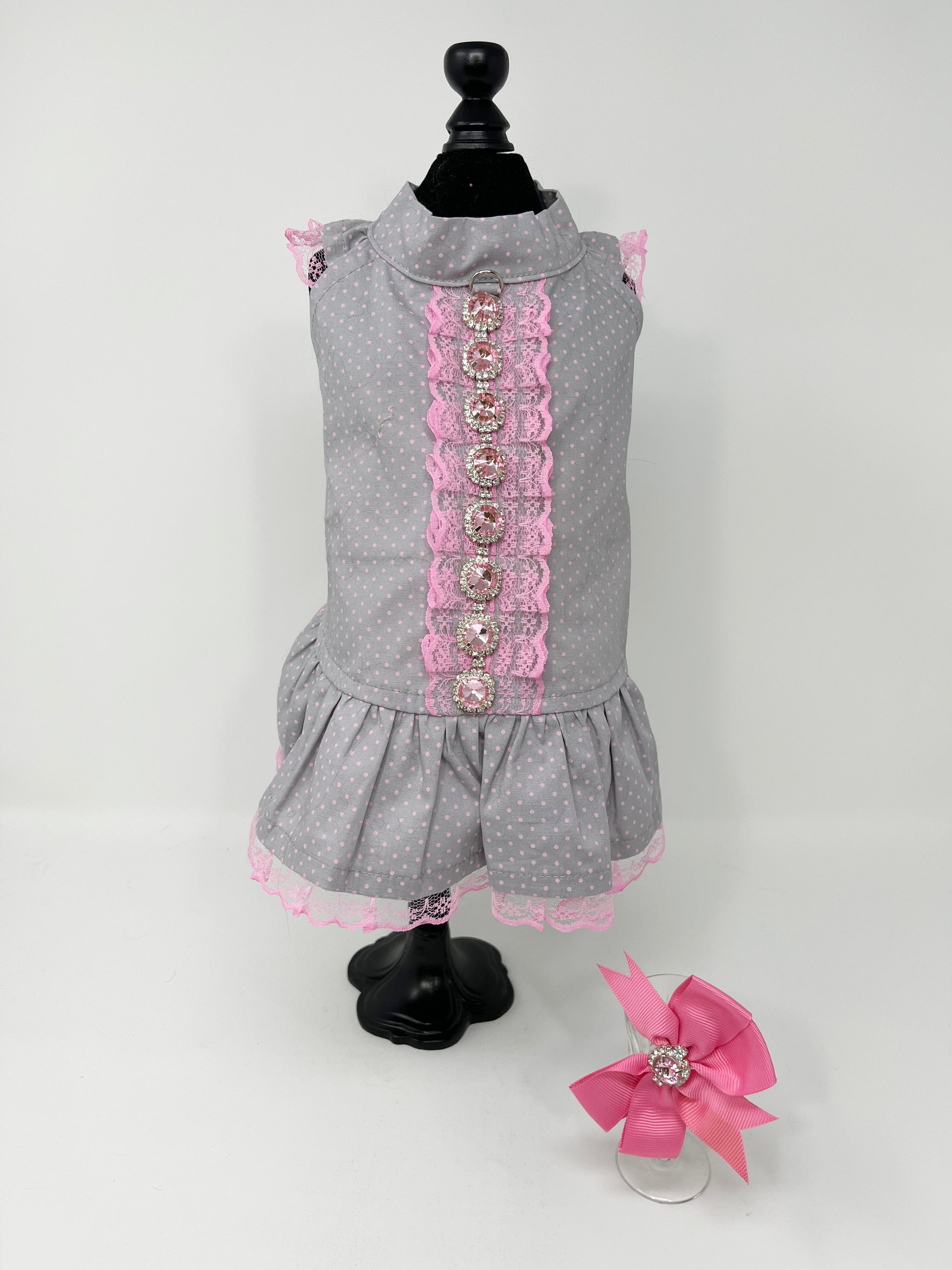 005 Grey Pink Polka Dot Dress with Bow Size XS – Fashions for